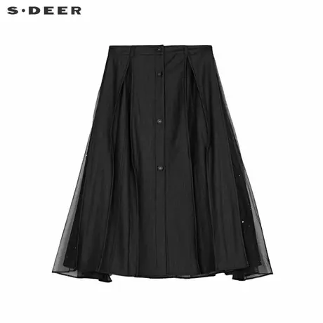 sdeer圣迪奥女装法式简约高腰网纱拼接A字伞裙S243Z1102商品大图