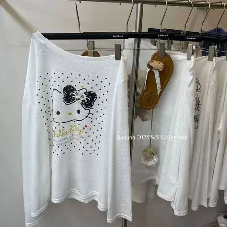 韩国东大门夏季新款洋气减龄波点猫咪斜肩长袖t恤上衣女宽松慵懒商品大图