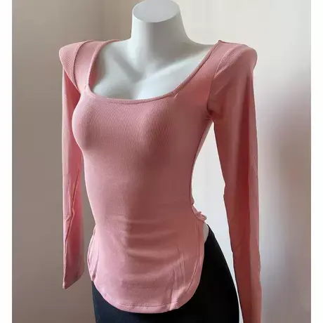 2021秋方领紧身弹力显胸大腰细上衣弧度下摆开叉收腰打底衫T恤女图片