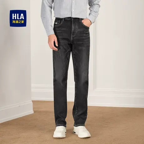 HLA/海澜之家刺绣牛仔裤秋冬洗水五袋款直筒加厚保暖裤子男图片