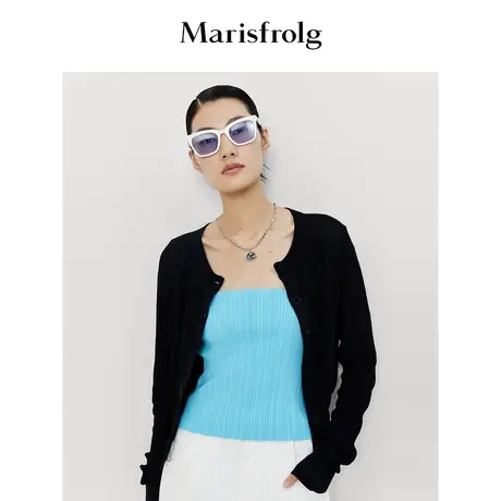 【轻密针织】玛丝菲尔春季黑色圆领纯棉竖条纹针织开衫图片