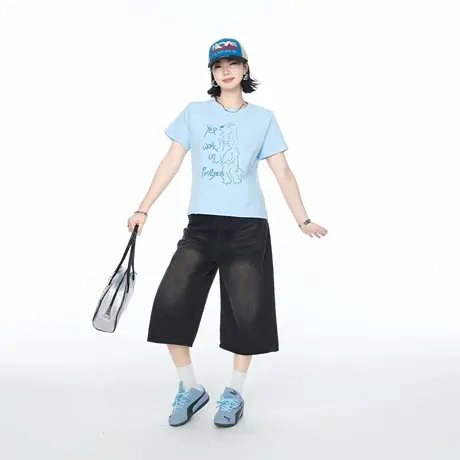 美式甜辣风短款修身正肩短袖T恤女创意印花2025夏季新款半袖上衣图片