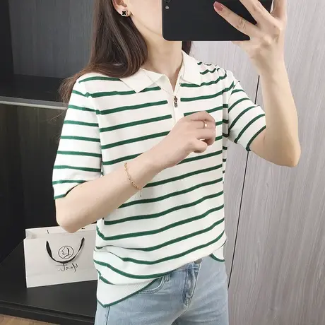 新款条纹polo衫2024年新款女装时尚韩版修身显瘦条纹针织T恤上衣图片