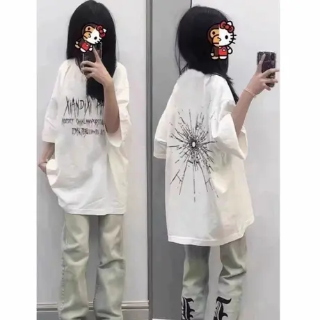 美式幻影纯棉oversize初中生短袖t恤2025年新款国潮高街情侣上衣图片