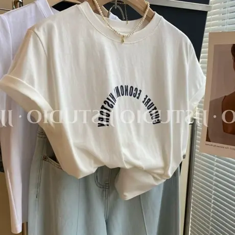 韩系百搭字母印花正肩短袖t恤女夏季凉感雪花棉宽松显瘦体恤上衣商品大图