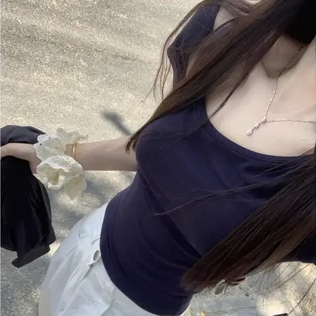 辣妹性感纯欲斜领露肩短袖T恤女夏季修身韩版打底衫短款正肩上衣商品大图