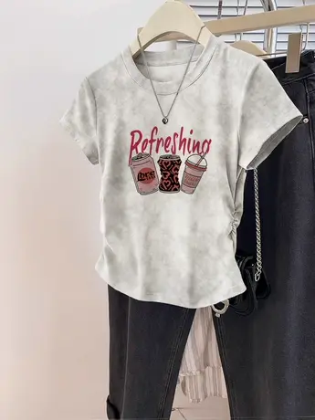 胖mm大码辣妹女装上衣夏美式复古修身短袖ins潮牌小众短款收腰T恤商品大图