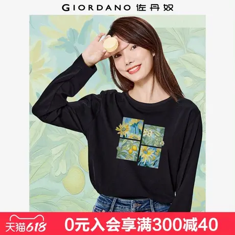佐丹奴联名t恤女纯棉文艺森系涂鸦花朵印花圆领长袖上衣99395038图片