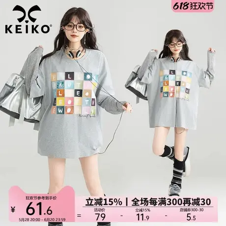 KEIK0 美式拼袖假两件t恤薄款2025春夏时髦印花宽松灰色长袖上衣图片