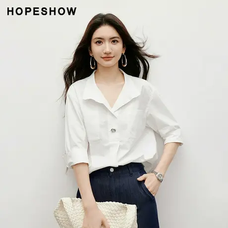 红袖2025秋季新款女装白色镶边贝母扣中袖贴袋短上衣商品大图