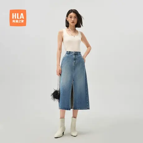 【纯棉】HLA/海澜之家休闲时尚牛仔半身裙秋新微弹开叉A型裙女装商品大图