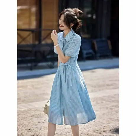 时尚简约衬衫领短袖夏季连衣裙女士2024年新款淑女上班族显瘦长裙商品大图