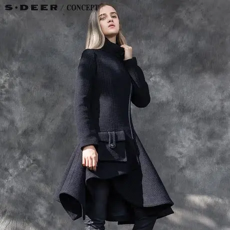sdeer圣迪奥 斜襟阔摆方格设计质感毛呢大衣S15481802图片