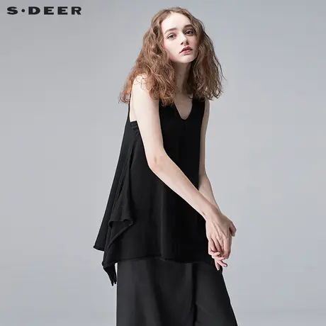 sdeer圣迪奥2019夏装纯色V领阔摆层次A字针织背心马夹女S17281641图片