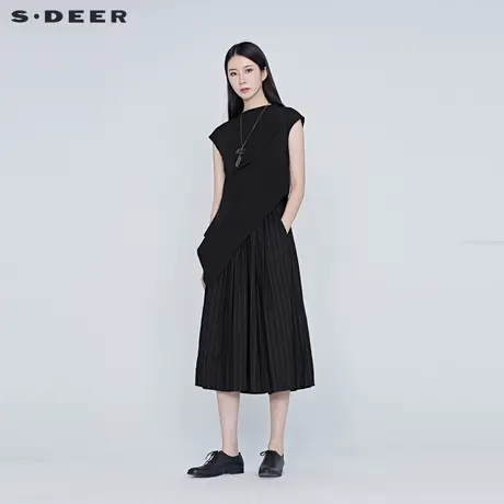 sdeer圣迪奥春季女装条纹松紧透气黑色通勤长裤阔腿裤S20180811图片