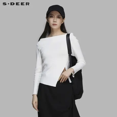 sdeer圣迪奥春季不规则裁剪翻领开叉修身纯色针织毛衣女S20183501图片