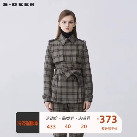 sdeer圣迪奥女装英伦风翻领撞色格纹收腰短款风衣S21381708图片