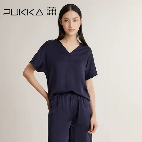 Pukka蒲牌V领真丝混纺轻薄垂感短袖上衣女2022夏季新款商场同款图片