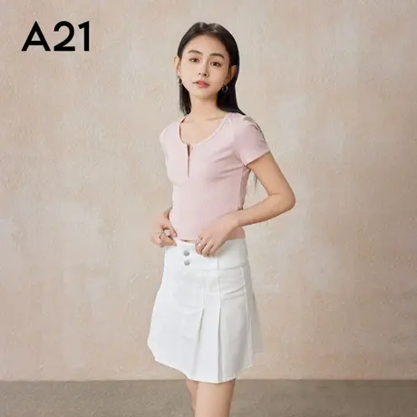 A21女装显瘦圆领短袖T恤早春季女士显瘦显瘦潮牌半开领运动上衣图片