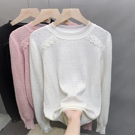 蕾丝圆领毛衣女套头2025春秋新款外穿针织衫内搭钉珠打底衫上衣潮图片