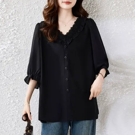 雪纺衬衫女短袖夏季新款加肥加大码女装宽松洋气蕾丝拼接V领上衣商品大图