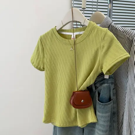 肌理感短袖T恤女2025夏季新款修身韩版短款小个子正肩半袖上衣潮图片
