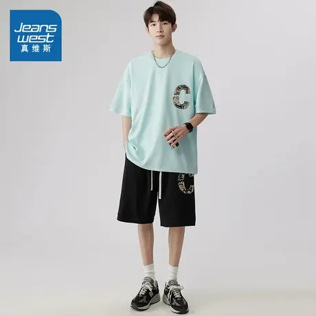 WX真维斯男装2025夏季新款韩式复古字母C印花时尚百搭款男装套装图片