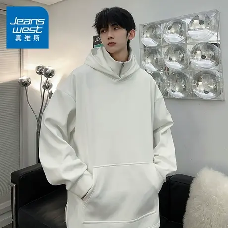 N5真维斯男士连帽卫衣2025秋季新款美式宽松双层立领外套春秋帽衫商品大图