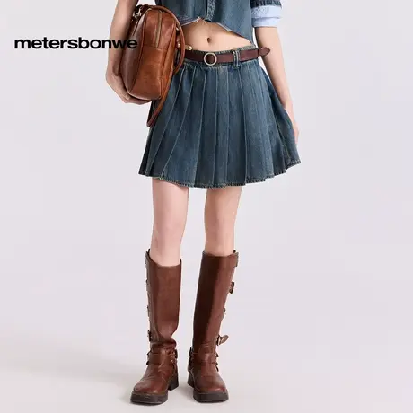 【交个朋友】美特斯邦威牛仔百褶裙女2025夏新款中腰学院风裙子ZZ商品大图