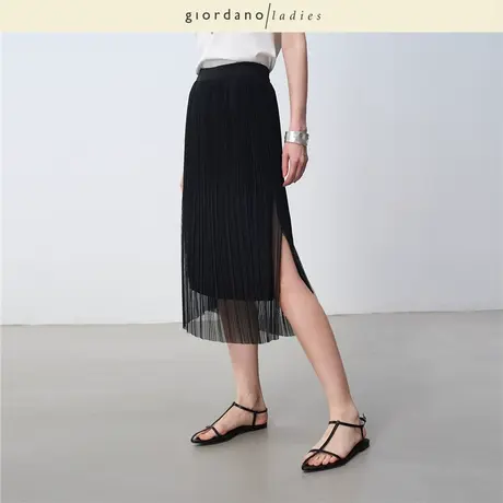 GL2025夏季新款裙子女云彩压褶印花双层开叉松紧腰半身裙02465010商品大图