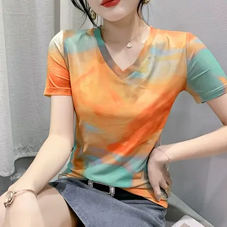 拼色印花短袖T恤女夏装2024新款性感V领修身小衫洋气百搭网纱上衣商品大图