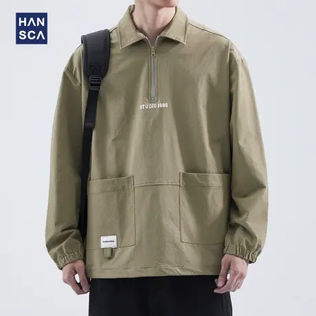 hansca美式Polo领长袖衬衫男秋季潮牌复古休闲户外宽松工装外套潮商品大图