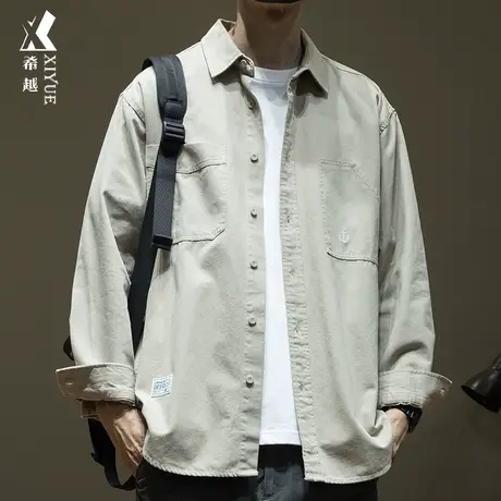春秋全棉长袖衬衫男夏季宽松大码衬衣男士潮ins日系开衫薄款外套商品大图