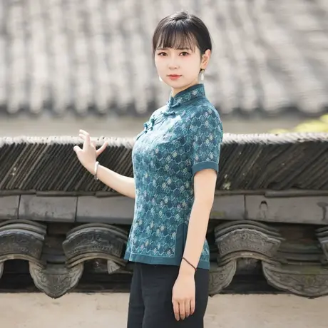 筠雅唐装女中国风夏季短袖棉麻中式盘扣上衣修身气质显瘦复古茶服商品大图
