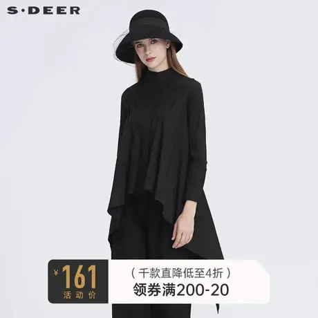 sdeer圣迪奥冬季立领拼接时尚不规则黑色长袖衬衫女S20480513🌱商品大图