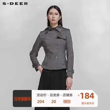 sdeer圣迪奥工装风衣外套女装经典双排扣短款工装外套S20182208😽商品大图