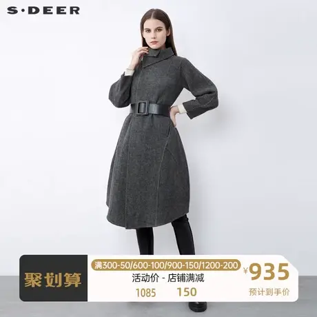 sdeer圣迪奥女装休闲立领收腰暗条纹拼接毛呢大衣S21481810🐖商品大图