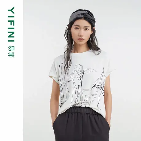 [专柜同款]Yifini/易菲盒纸纱宽松文艺印花气质T恤女上衣D04Z1018图片