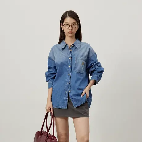 omont蛋挞家 复古水洗渐变牛仔衬衫2025春季宽松休闲叠穿长袖衬衣商品大图