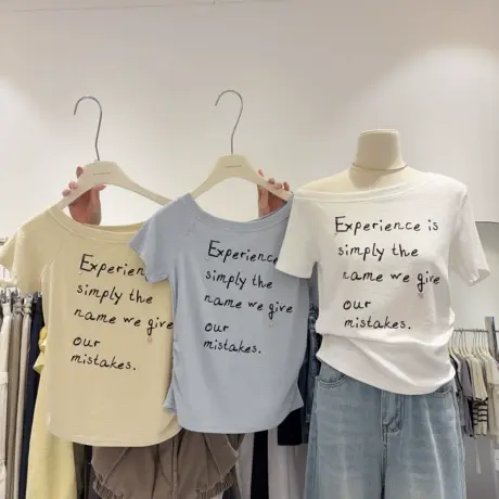 韩国东大门 不规则斜肩字母印花短袖T恤女褶皱收腰气质显瘦上衣商品大图