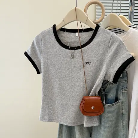 撞色正肩短袖T恤女夏季2025新款修身韩版短款打底衫小个子上衣潮图片