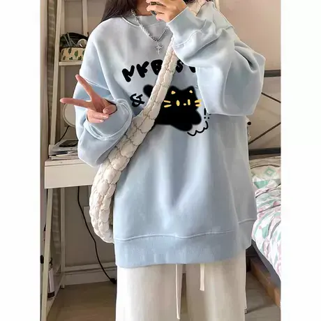 奶fufu蓝色卫衣女春秋无帽大码宽松慵懒风外套ins潮薄款情侣上衣商品大图