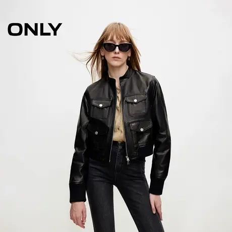ONLY夏季雅丹风帅气立领正肩长袖短款皮衣女|124310023图片