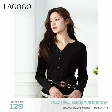 LAGOGOV领显瘦修身T恤女拉谷谷2025年夏秋季新款花边拼接长袖上衣商品大图