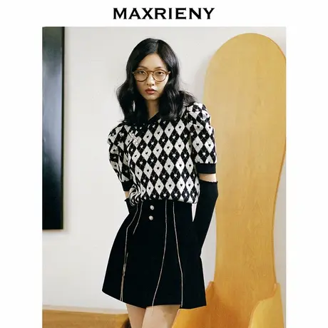 【奥莱】MAXRIENY爱心菱格袖套毛衫国风旗袍领毛衣复古上衣女商品大图