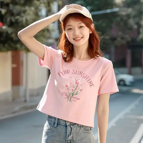 KWV真维斯女士短袖t恤女2025新款独特漂亮初夏小上衣女正肩短袖商品大图