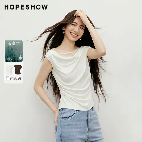 红袖2025秋季新款女装荡荡领蕾丝拼接捏褶盖肩短袖上衣图片