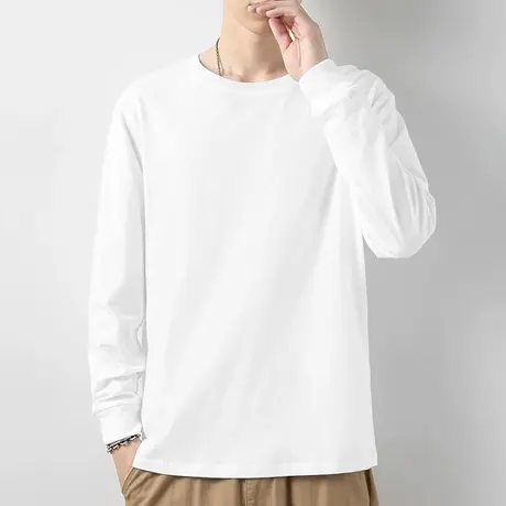 纯棉白色长袖t恤男潮流纯色宽松全棉内搭打底衫加绒加厚圆领秋衣商品大图