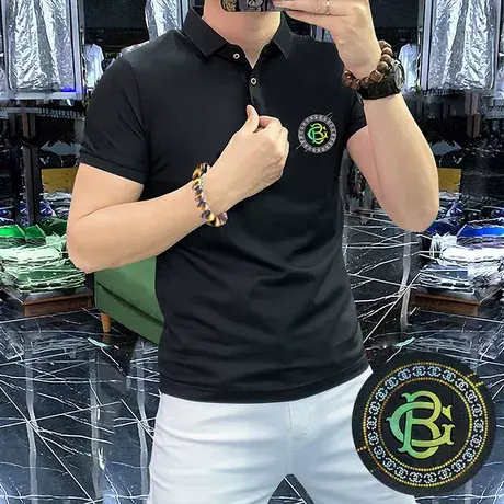 男士短袖轻奢夏季新款Polo衫舒适透气合身型简欧男装半袖上衣黑色图片