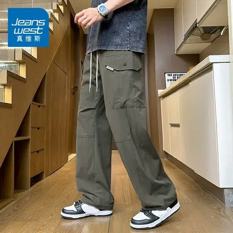 KZH真维斯冰丝工装裤男夏季薄款宽松直筒裤军绿潮牌阔腿休闲长裤商品大图